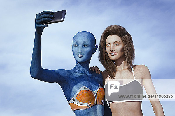 Frau und Alien posieren für Handy-Selfie