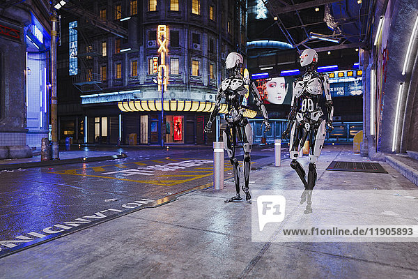 Roboterpaar in einer futuristischen Stadt