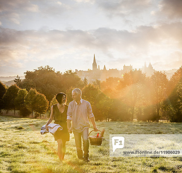 Caucasian couple walking in field carrying picnicblanket and basket