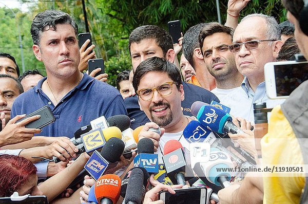 Freddy Guevara  leader of the People's Will and First Vice-President of the National Assembly of Venezuela  gives statements to the press about the resolution to grant home for jail to Leopoldo Lopez. In a surprise move  Venezuelan authorities released opposition leader Leopoldo López from a military prison early Saturday and placed him under house arrest  citing concerns for his health and “irregularities in his conviction. Caracas  July  8  2017.