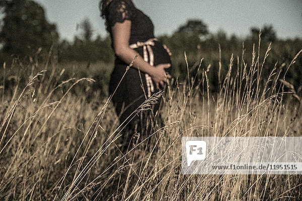 Nahaufnahme einer schwangeren Frau auf einem Feld