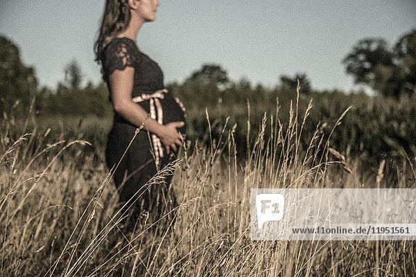 Schwangere Frau steht auf einem Feld