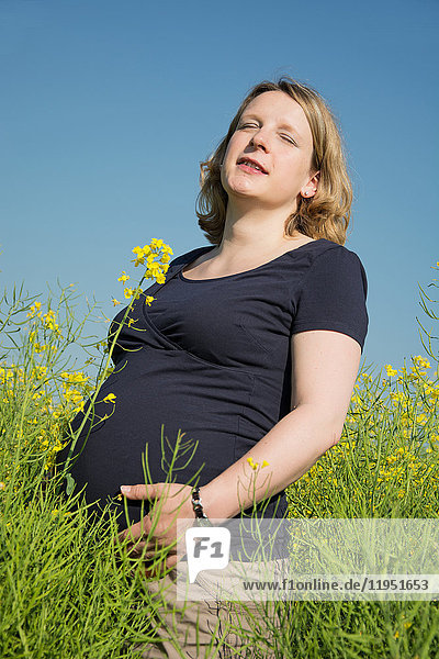 Schwangere Frau auf einem Rapsfeld