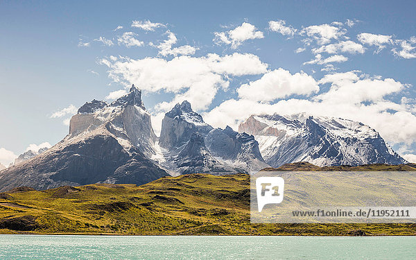 Landscape over Grey Lake and Cuernos del Paine  Torres del Paine national park  Chile