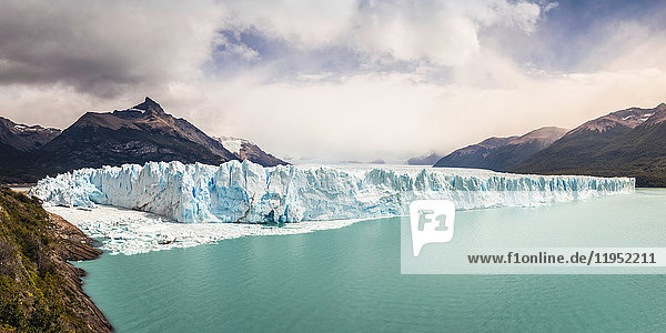 Panoramic view of Lake Argentino  Perito Moreno Glacier and mountains in Los Glaciares National Park  Patagonia  Chile