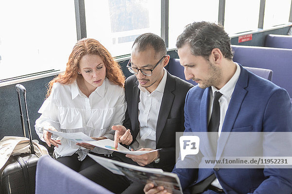 Young businesswoman and businessmen looking at paperwork on passenger ferry