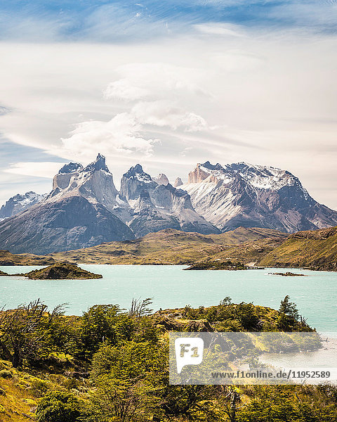 Landscape with Grey Lake  Paine Grande and Cuernos del Paine  Torres del Paine national park  Chile