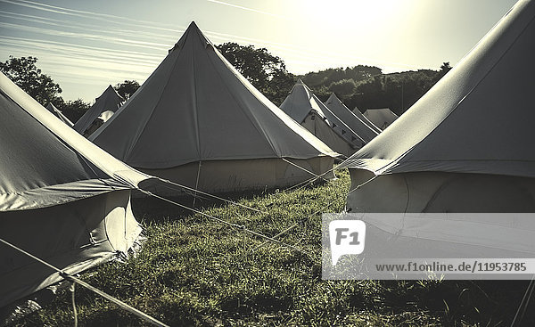 Leuchtende Glockenzelte  traditionelle Zelte aus Segeltuch in einem Gehege auf dem Campingplatz bei einem Musikfestival im Freien.
