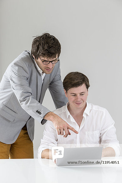 Portrait of smart businessmen discussing project in laptop at meeting