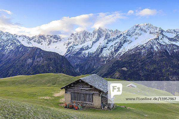 Wiesen und Holzhütten umrahmt von schneebedeckten Gipfeln im Morgengrauen  Tombal  Soglio  Bergell  Kanton Graubünden  Schweiz  Europa