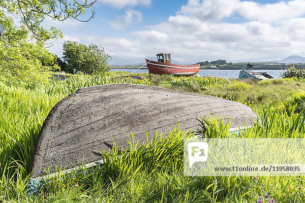 Wooden fishing boats in Roundstone County Galway Connacht province Republic of Ireland Europe