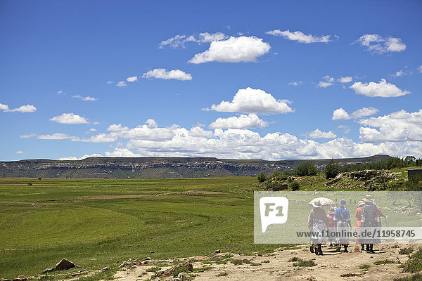 Eine Gruppe von Frauen wandert durch die ländliche Gegend von Lesotho unter einem strahlend blauen Himmel  Lesotho  Afrika