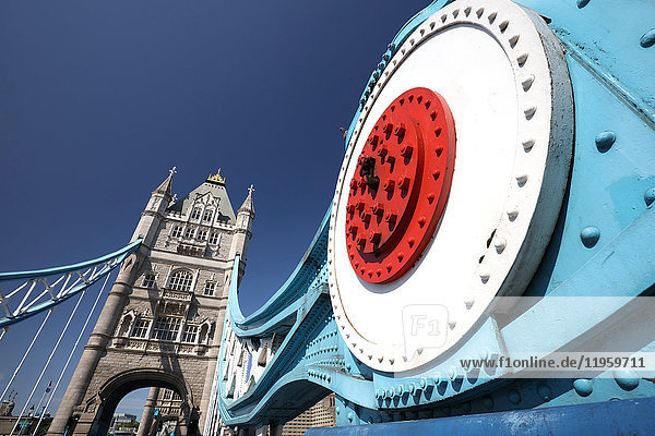 Wide angle view of Tower Bridge against blue sky London England United Kingdom Europe