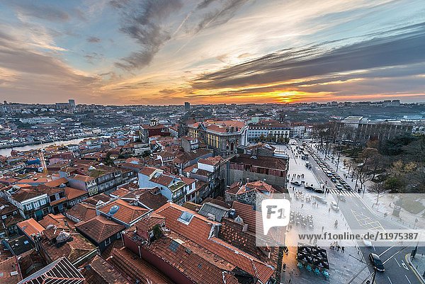 Aerial view from Clerigos bell tower with Portuguese Centre of Photography and Sao Bento Monastery in Porto  Portugal. Gaia city on abckground.
