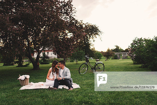 Romantisches junges Paar beim rosa Champagner-Picknick im Park in der Abenddämmerung