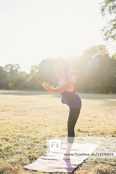 Reife Frau im Park,  auf einem Bein balancierend,  in Yogastellung