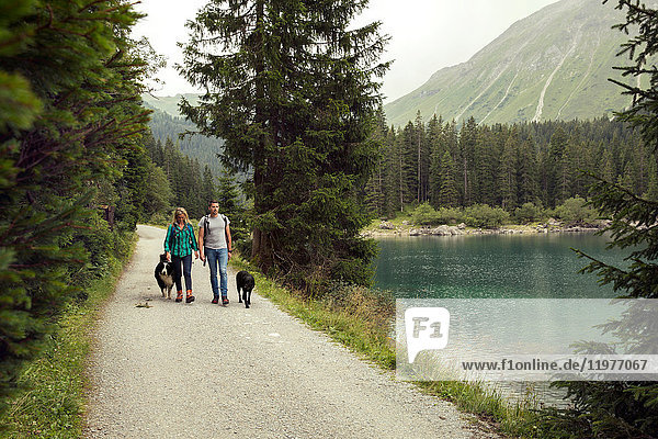 Paar mit Hunden beim Wandern am See  Tirol  Steiermark  Österreich  Europa