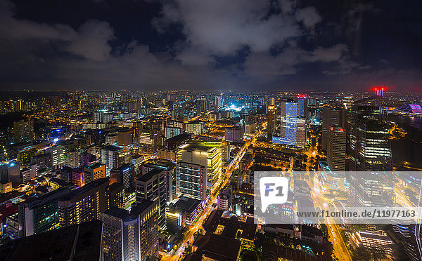 High angle cityscape and city lights at night  Singapore  South East Asia