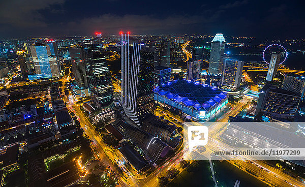 High angle cityscape with highway traffic and city lights at night  Singapore  South East Asia
