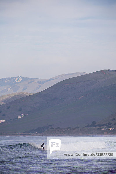 Junger männlicher Surfer surft auf einer Ozeanwelle,  Morro Bay,  Kalifornien,  USA