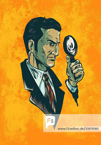 Illustration eines Mannes mit einem Vergrößerungsglas  das einen Spionageagenten darstellt  auf orangefarbenem Hintergrund.