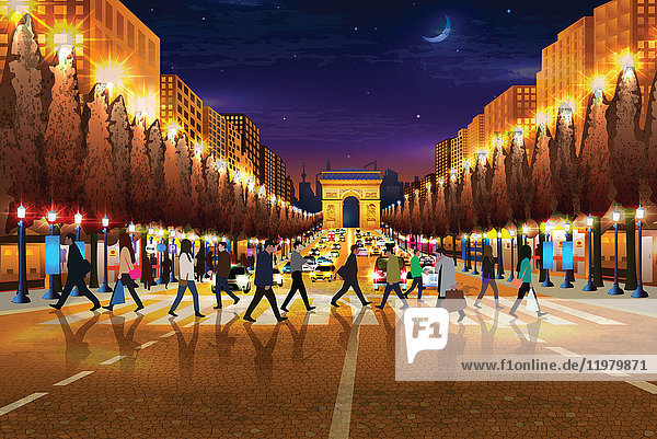 Illustration von Menschen zu Fuß auf Zebrastreifen Arc de Triomphe im Hintergrund in Paris  Frankreich.