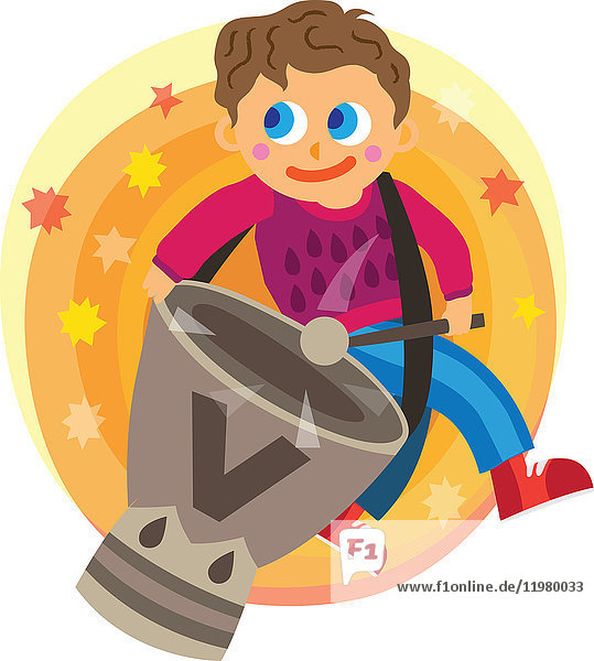 Illustration von Junge spielt Trommel über weißem Hintergrund.