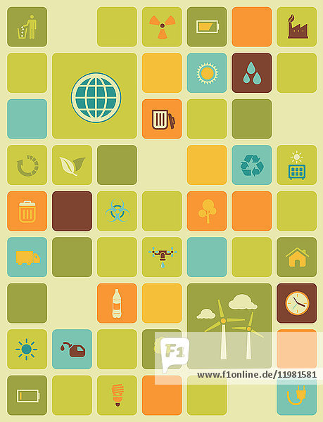 Illustration von Umweltschutzsymbolen auf farbigem Hintergrund.