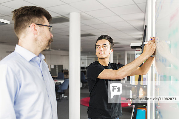 Colleagues standing next to whiteboard in office