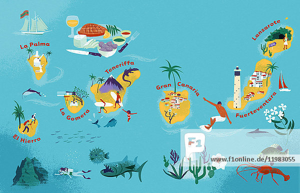 Illustrierte Tourismuskarte der Kanarischen Inseln  Spanien