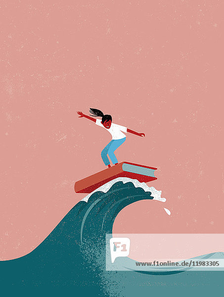 Young girl surfing on book surfboard