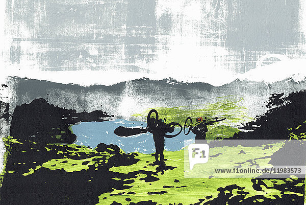 Bunte Illustration von Radfahrern mit Fahrrädern in Loughrigg im englischen Lake District