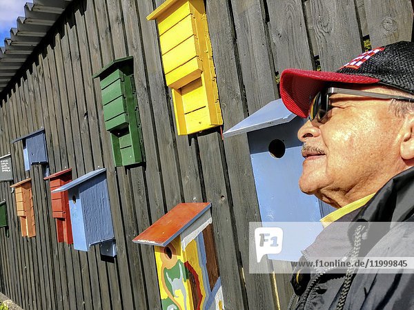 STOCKHOLM SWEDEN Portrait of man  80 yrs old  with bird houses.