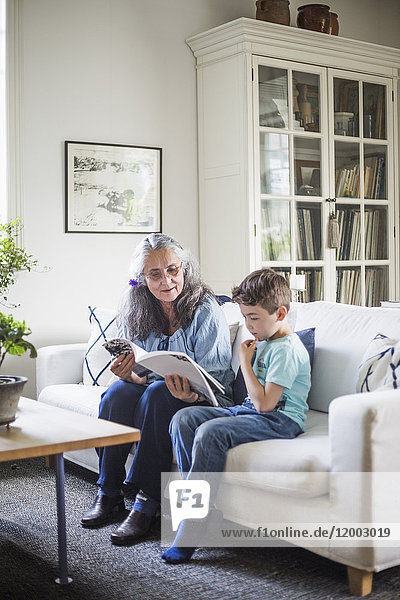 Großmutter und Enkel lesen Bilderbuch sitzend auf dem Sofa zu Hause