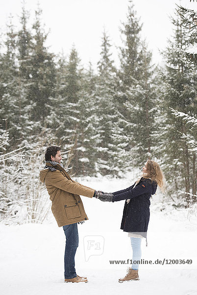 Glückliches junges Paar steht Hand in Hand in der Winterlandschaft