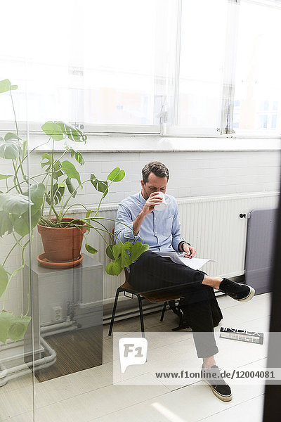 Volle Länge des Geschäftsmannes  der Kaffee trinkt  während er das Dokument von der Topfpflanze im Büro liest.