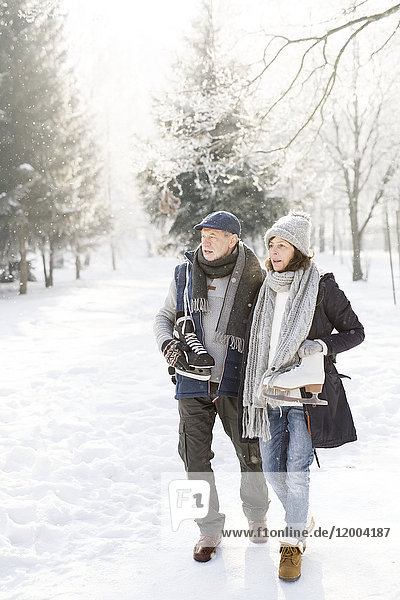 Seniorenpaar mit Schlittschuhlaufen in der Winterlandschaft