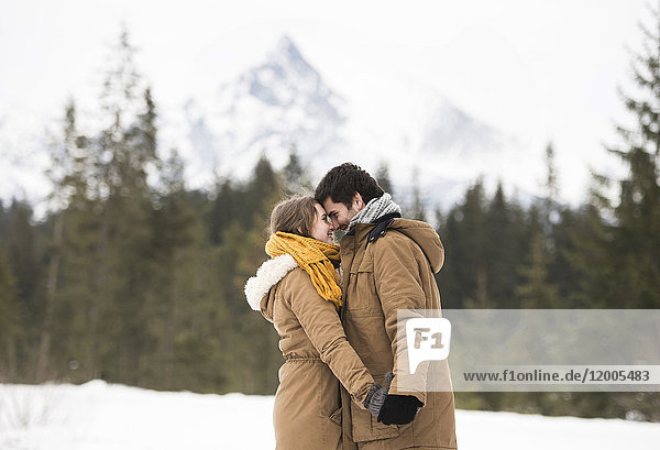Glückliches junges Paar steht Kopf an Kopf in der Winterlandschaft