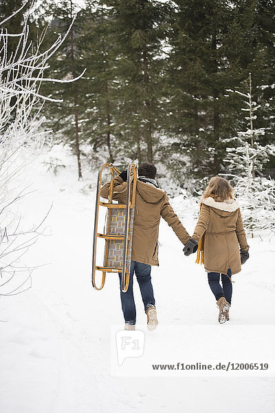 Rückansicht des jungen Paares mit Schlitten im Winterwald