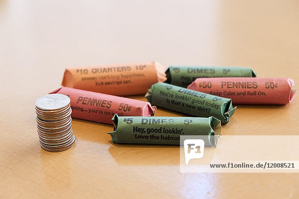 Roles and stack of coins