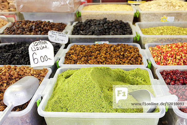 Bins of spices at market