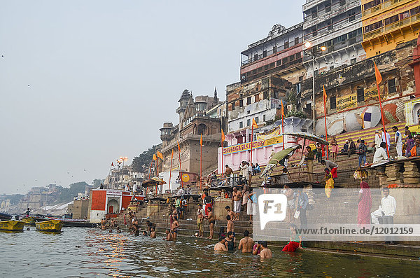 Crowds on the riverbank of the Ganges in Varanasi  India.