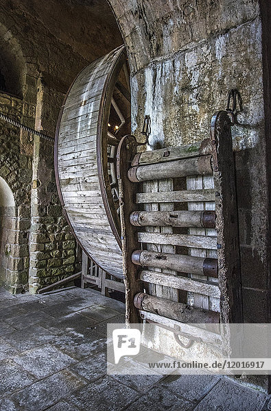 Normandie,  die Abtei Mont Saint Michel,  ein Rad zum Heben des Gefangenenessens (UNESCO-Welterbe) (auf dem Weg nach Santiago de Compostela)