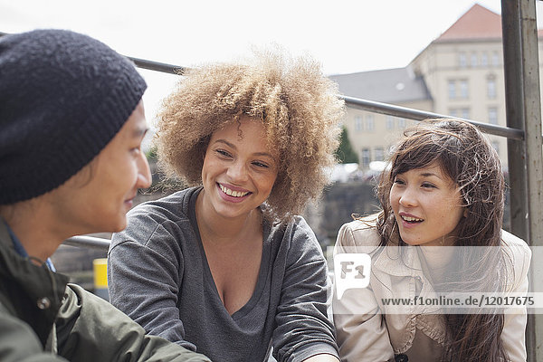 Smiling young friends talking while sitting on sunny day