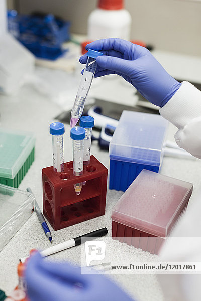 Abgeschnittenes Bild eines Wissenschaftlers mit Reagenzglas am Tisch im Labor