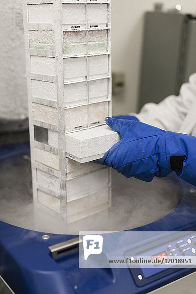 Cropped image of scientist with frozen medical storage compartment at laboratory