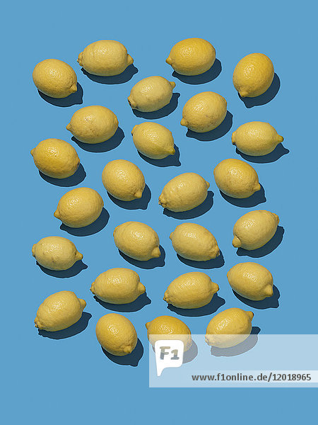 Hochwinkelansicht von frischen Zitronen auf blauem Hintergrund