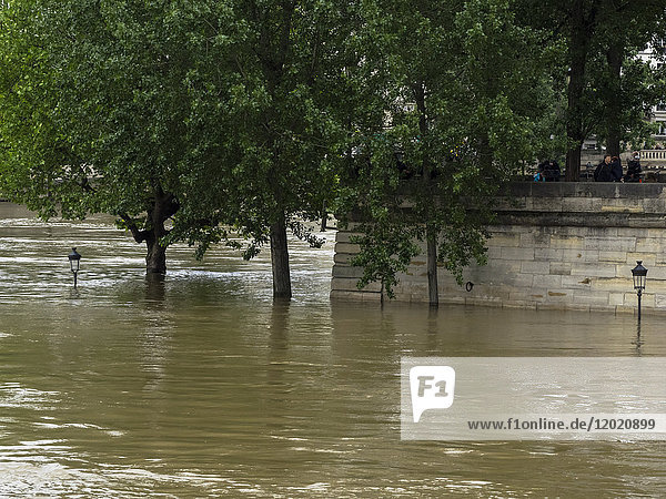 Frankreich  Ile de France  Paris  die Seine tritt über die Ufer und führt Hochwasser  Juni 2016  der Platz Louis Aragon auf der Ile St Louis
