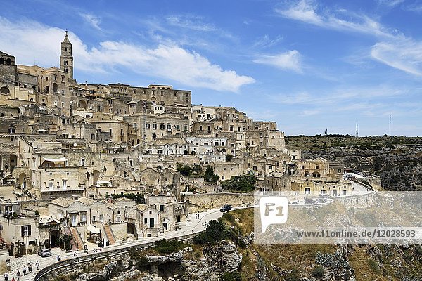 Medieval old town  Sassi di Matera  in the back cathedral  capital of culture 2019  Matera  province Basilicata  Italy  Europe