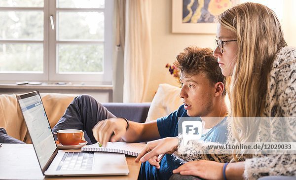 Two students sitting in front of a laptop  learning on the computer  Munich  Germany  Europe
